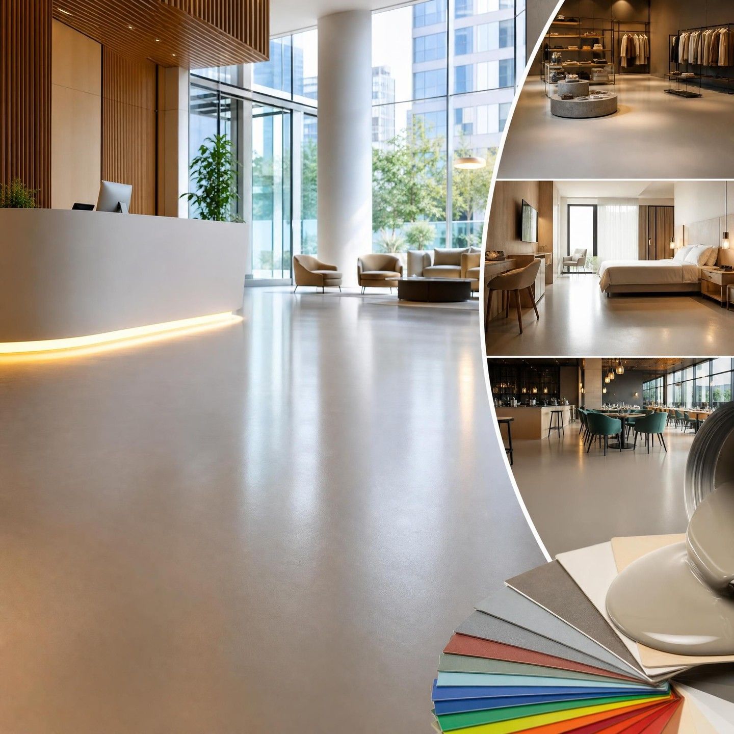 Hall d'hôtel moderne avec comptoir d'accueil blanc incurvé, baies vitrées et éléments en bois.