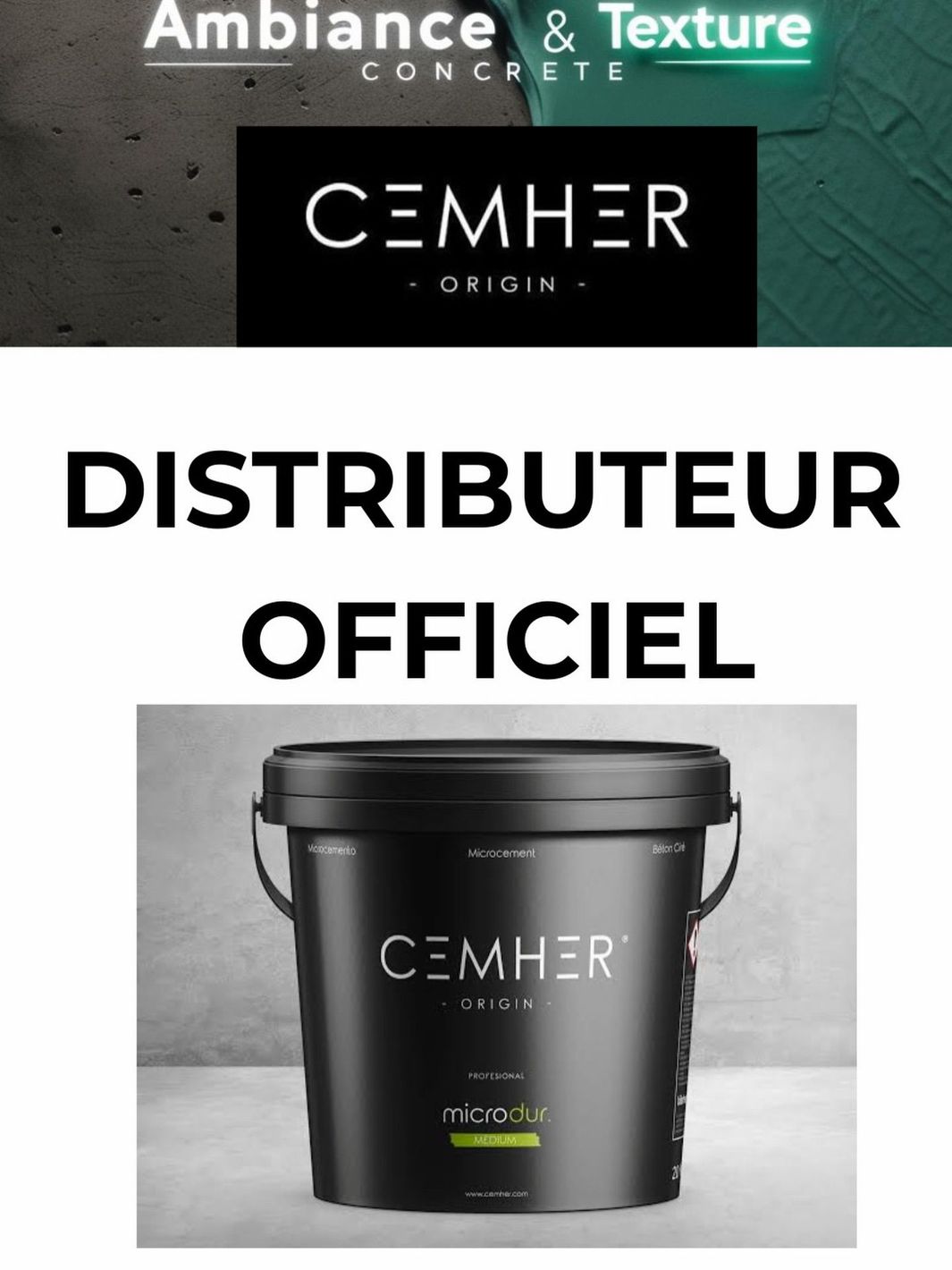 Publicité du distributeur CEMHER ORIGIN avec un seau noir sur fond gris et le logo Ambiance & Texture Concrete.