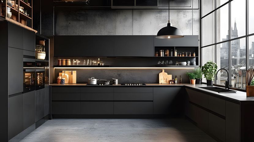 Cuisine moderne noire avec des placards élégants, des étagères ouvertes, de grandes fenêtres et un sol en béton.