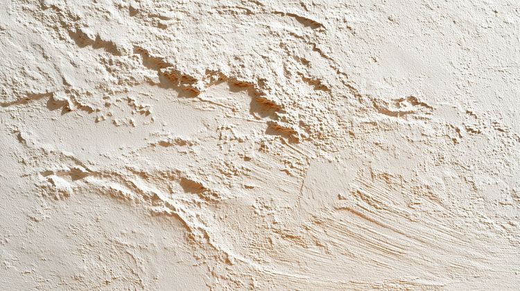 Gros plan sur un mur en stuc beige texturé avec un enduit rugueux et irrégulier.