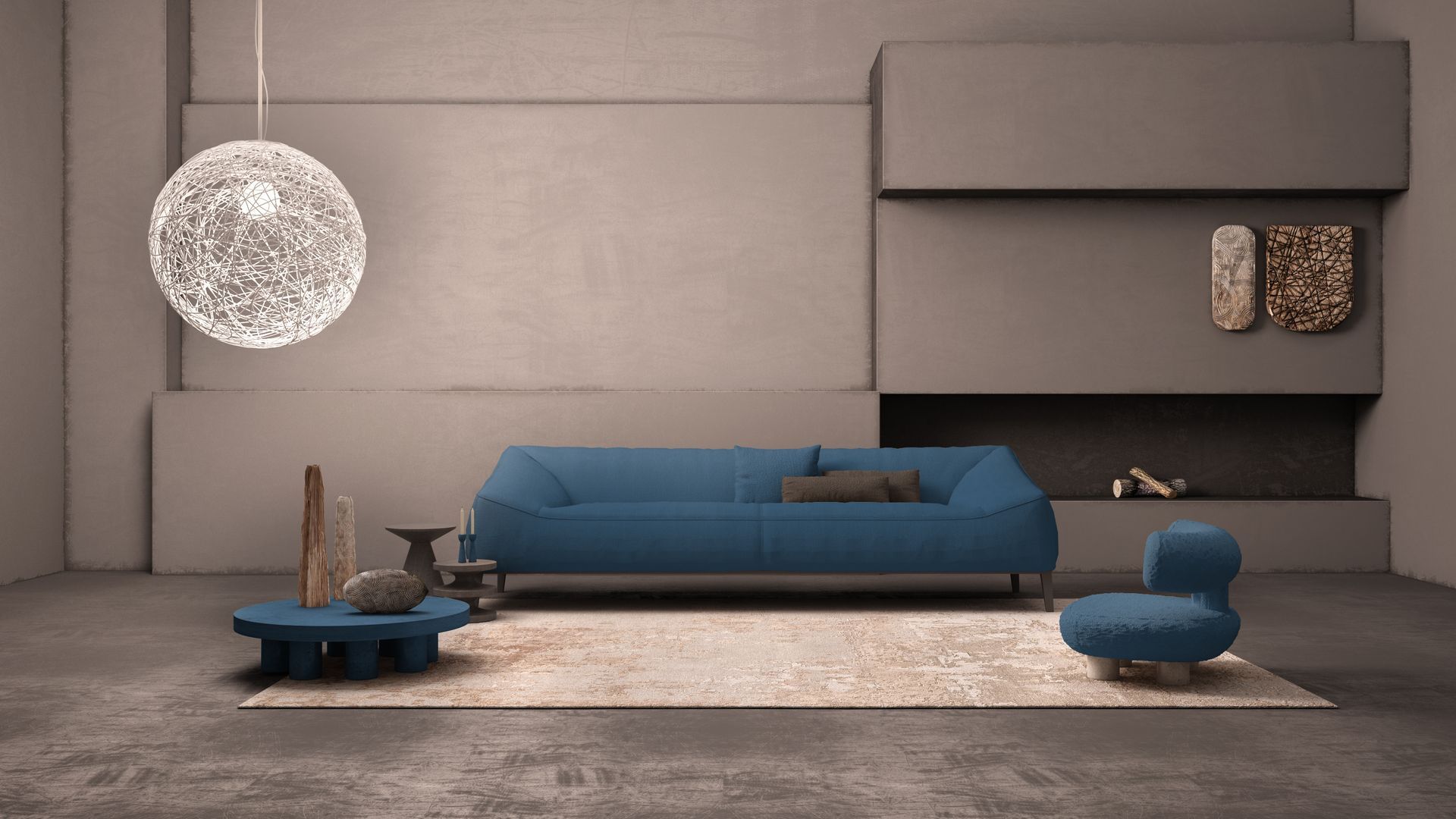 Salon moderne avec un canapé bleu, une suspension blanche ronde et une décoration grise minimaliste.