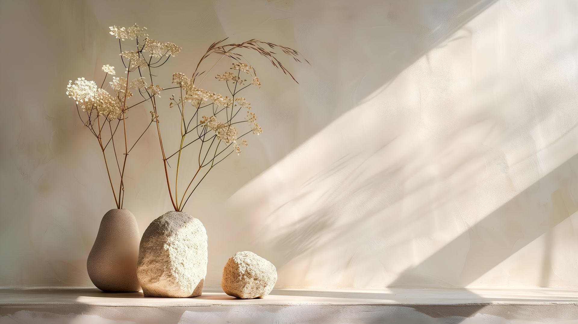 Deux vases beiges contenant des fleurs séchées sont posés sur une étagère, à côté d'une pierre texturée.