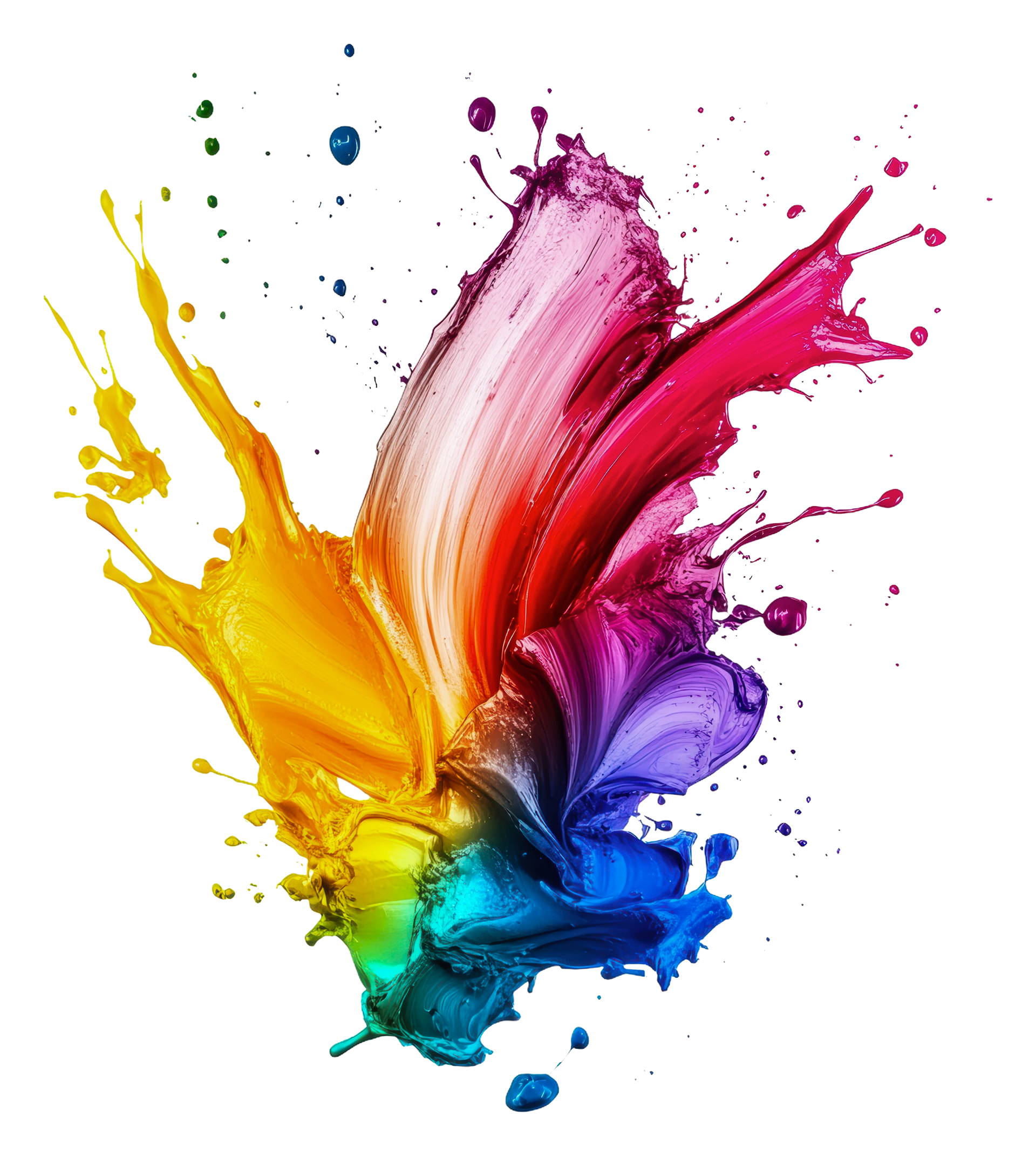 Éclaboussure de peinture abstraite et colorée aux teintes arc-en-ciel sur fond blanc.