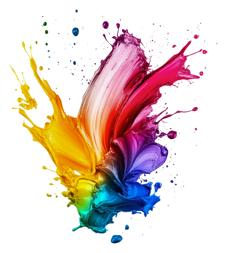 Éclaboussure de peinture abstraite et colorée aux teintes arc-en-ciel sur fond blanc.