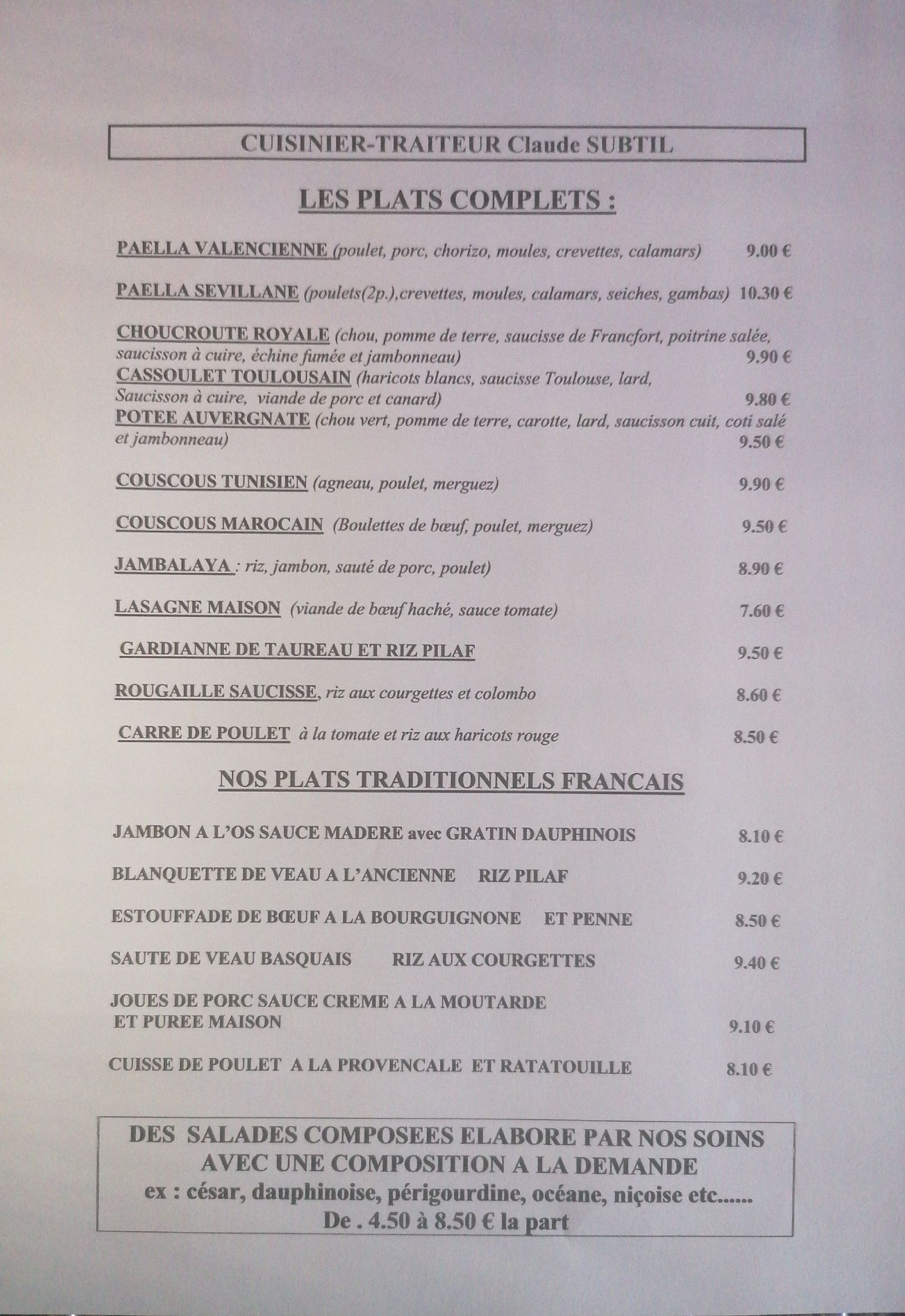 Entrées, viandes, légumes  à emporter