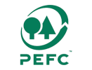 Logotipo de PEFC en verde con diseño de árbol estilizado y hoja circular.