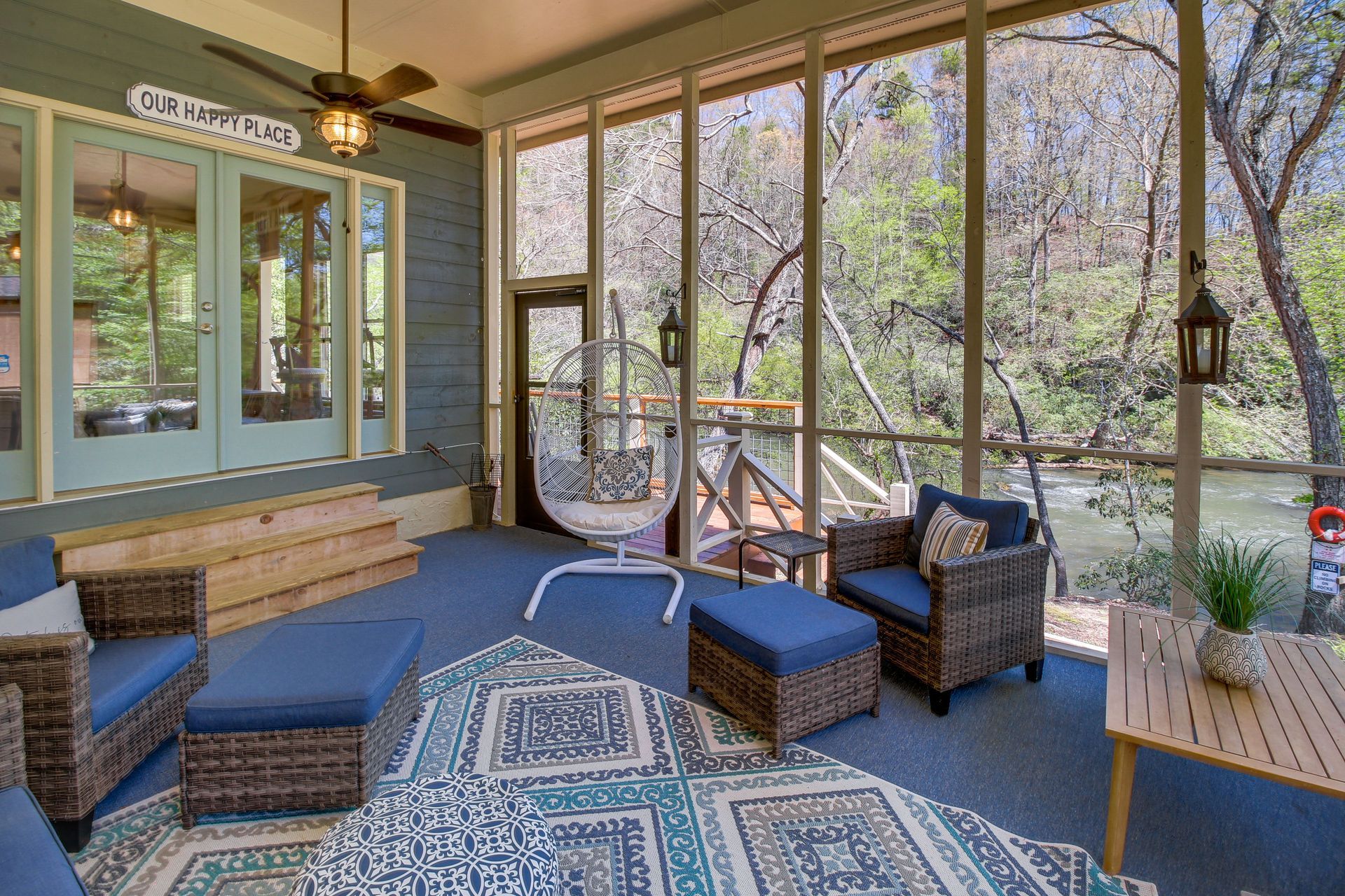 Cartecay river, Ellijay, Georgia, relax, coffee, wine, screened porch, comfy furniture