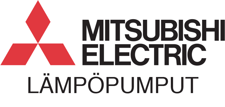 Mitsubishi Electric Lämpöpumput -logo, jossa on punainen kolmen timantin kuvake ja musta teksti