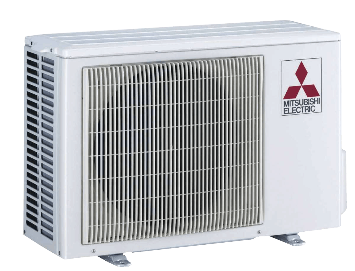 Valkoinen Mitsubishi Electricin ilmastointilaitteen ulkoyksikkö etusäleiköllä ja sivutuulettimella.