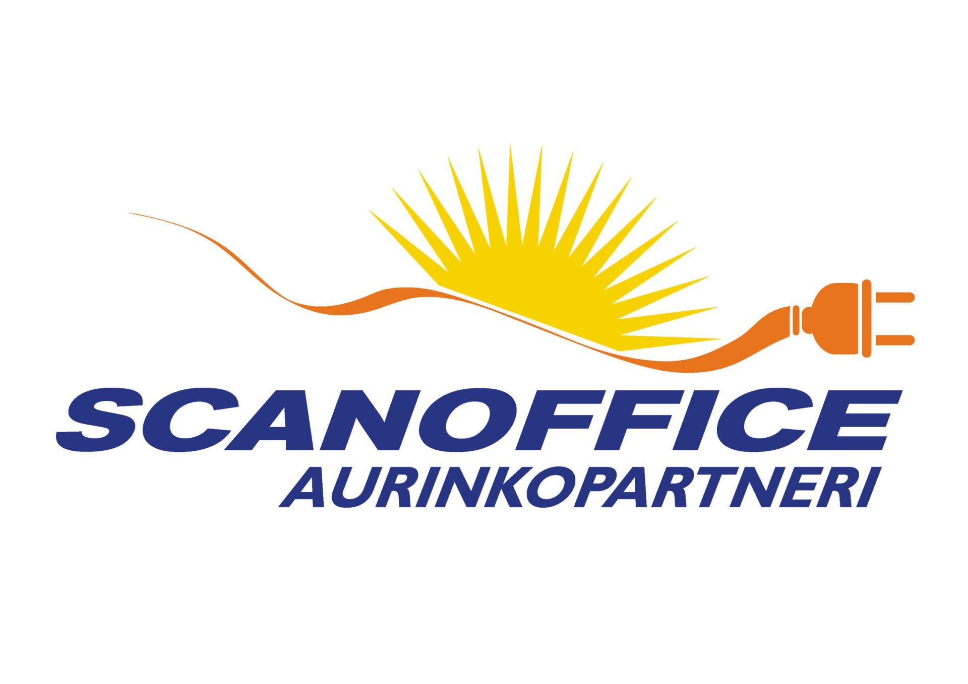 SCANOFFICE AURINKOPARTNERI -logo, jossa on sininen teksti, oranssit auringonsäteet ja pistokekuvake