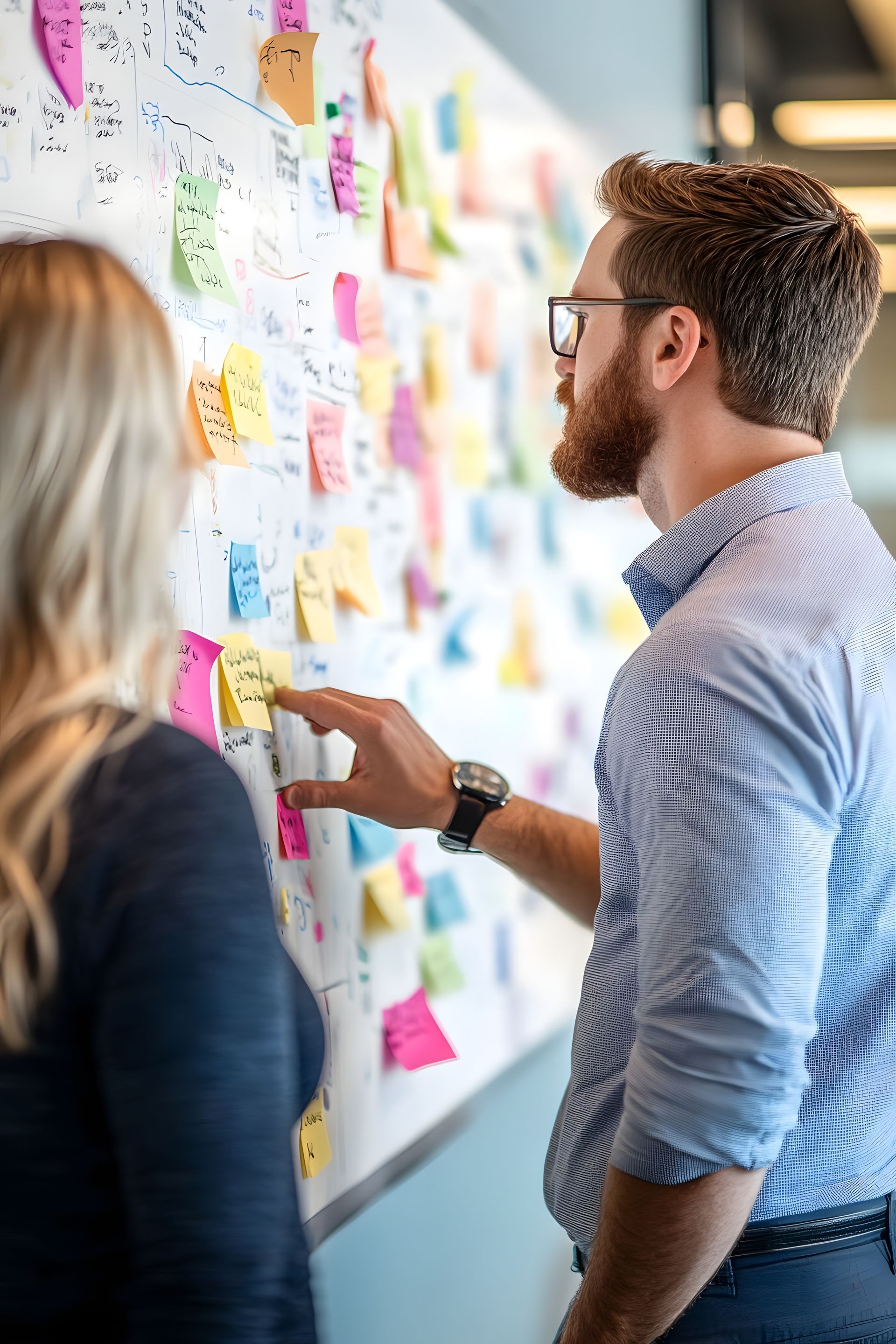 Deux collègues examinent des notes adhésives colorées sur un tableau blanc lors d'une séance de brainstorming au bureau.