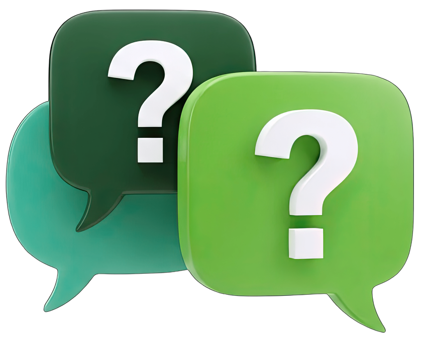 Deux bulles de dialogue vertes superposées avec des points d'interrogation blancs.
