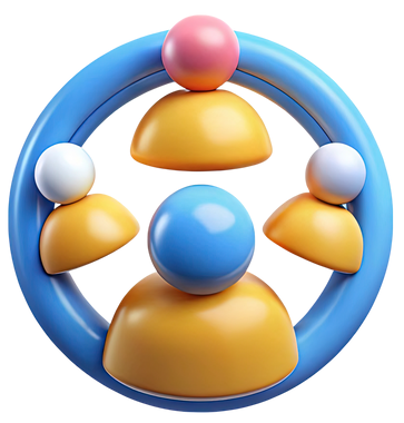 Cercle bleu avec quatre icônes abstraites colorées représentant des personnes au sein d'une équipe.