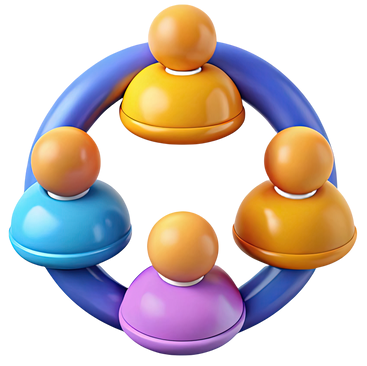 Quatre bonshommes colorés, disposés en cercle et reliés par un anneau bleu.