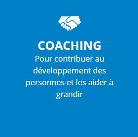 Graphique bleu de coaching avec une icône de poignée de main et un texte en français sur l'aide aux personnes pour progresser.