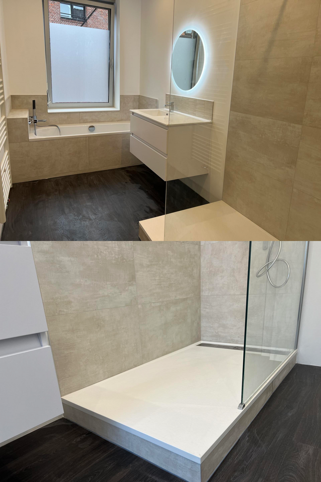 Deux photos : salle de bains moderne avec sol foncé, murs neutres, baignoire, meuble-lavabo suspendu et douche à l’italienne.