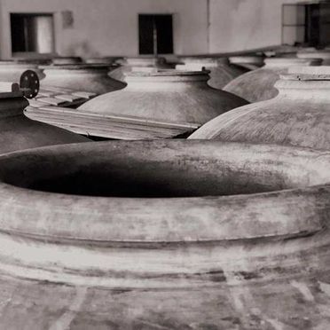 Una fotografía en blanco y negro de una hilera de vasijas de barro.
