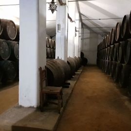 Un almacén lleno de muchos barriles y una silla.