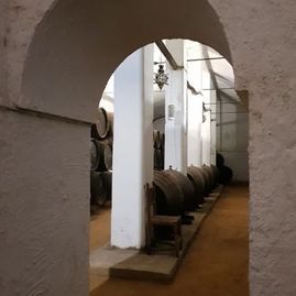 Una fila de barriles están alineados en una habitación con arcos.