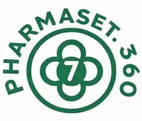 Logotipo circular verde de PHARMASET 360 con emblema entrelazado en forma de flor.