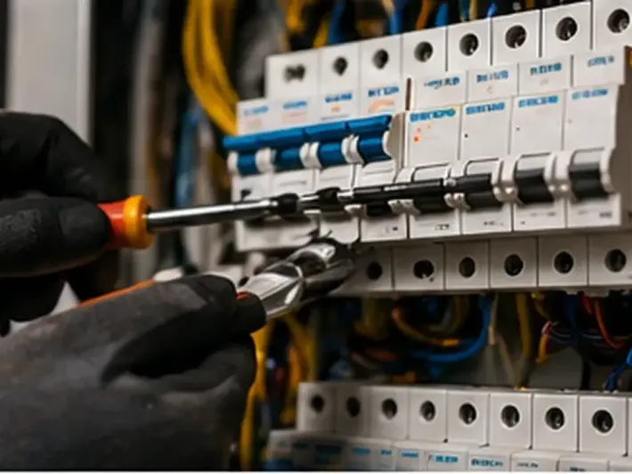 Manos enguantadas usando alicates para ajustar interruptores automáticos en un panel eléctrico.