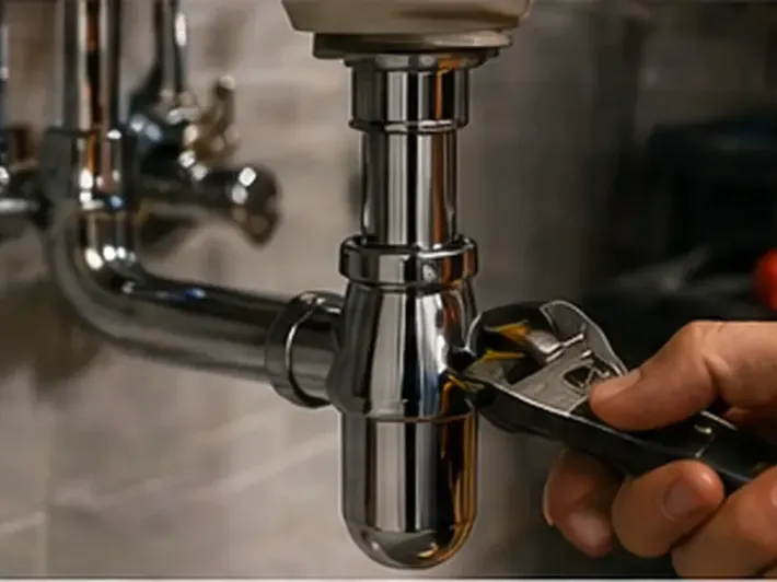 Apretar a mano un tubo cromado debajo del fregadero con una llave ajustable.