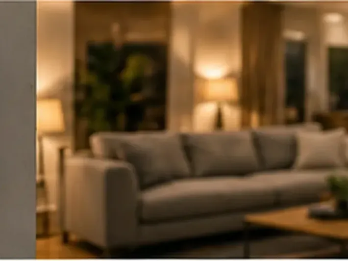 Acogedora sala de estar con un sofá gris, lámparas cálidas y una mesa de centro de madera.