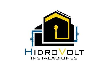Logotipo de Hidro Volt Instalaciones con un dise&ntilde;o de casa y agua en negro, amarillo y azul.