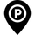 Icono de marcador de mapa negro con una letra P blanca dentro de un círculo.