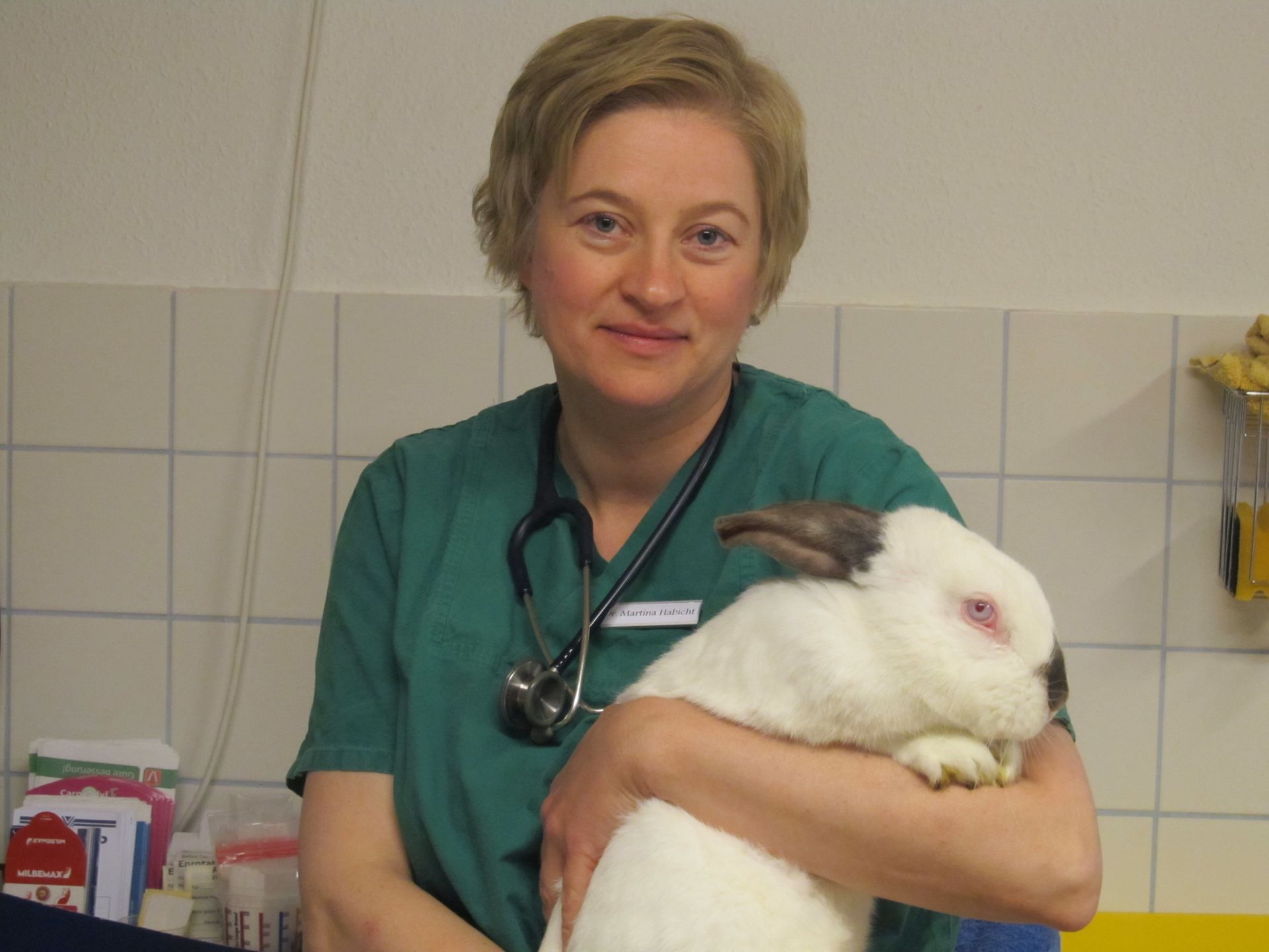 Eine Tierärztin hält ein weißes Kaninchen im Arm.