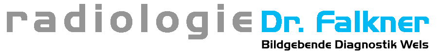 Logo für die radiologische Praxis von Dr. Falkner in Wels, mit grauem Text und blauem Schriftzug „Dr. Falkner“.