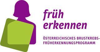Logo für das österreichische Brustkrebs-Screening-Programm mit einer violetten Silhouette und grünem Overlay mit Text.