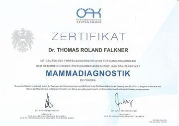 Zertifikat der Österreichischen Ärztekammer für Dr. Thomas Roland Falkner in Mammadiagnostik (Brustdiagnostik).