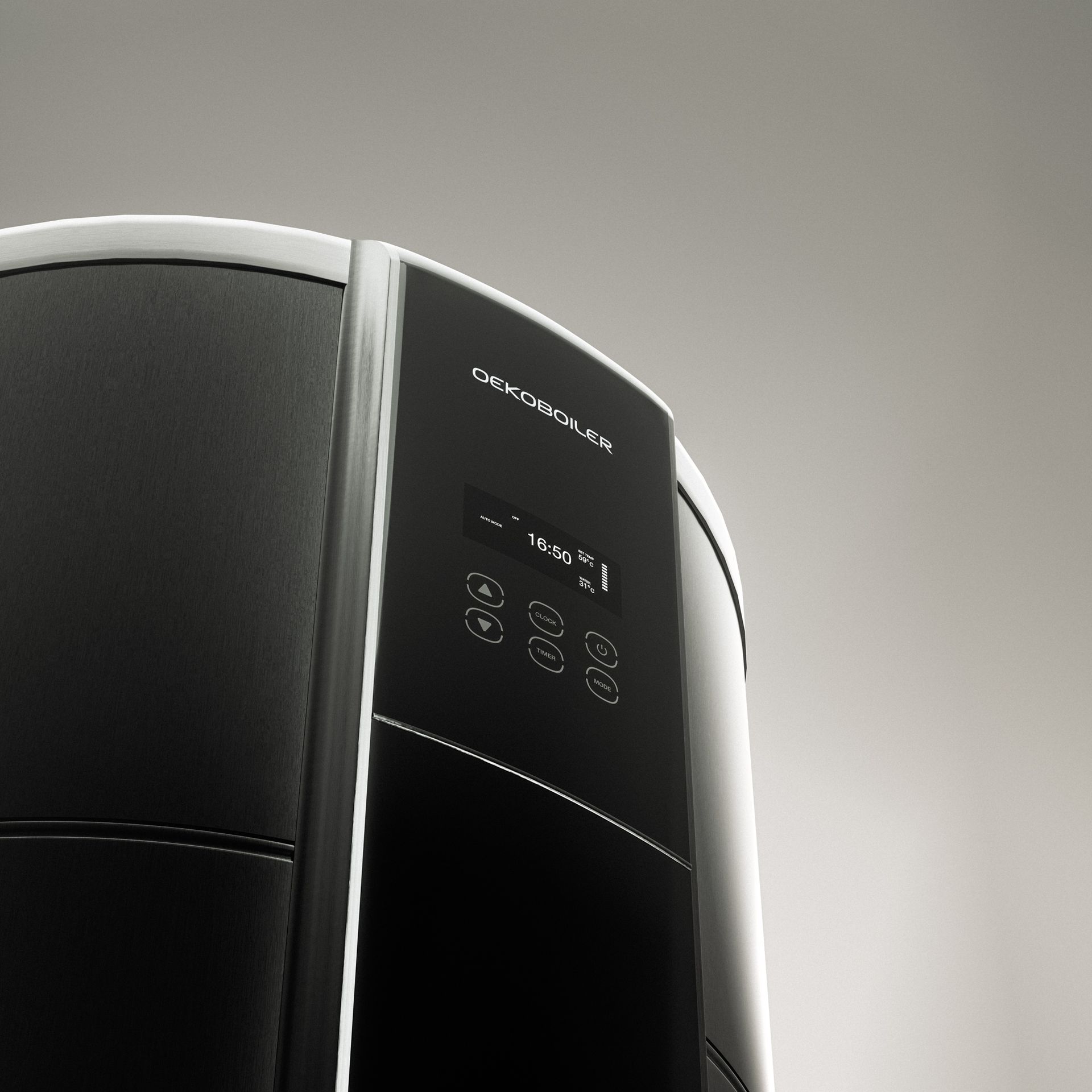 Modernes, minimalistisches Badezimmer mit freistehender Badewanne, Holzwaschtisch und großem Fenster mit Blick auf eine Naturlandschaft.