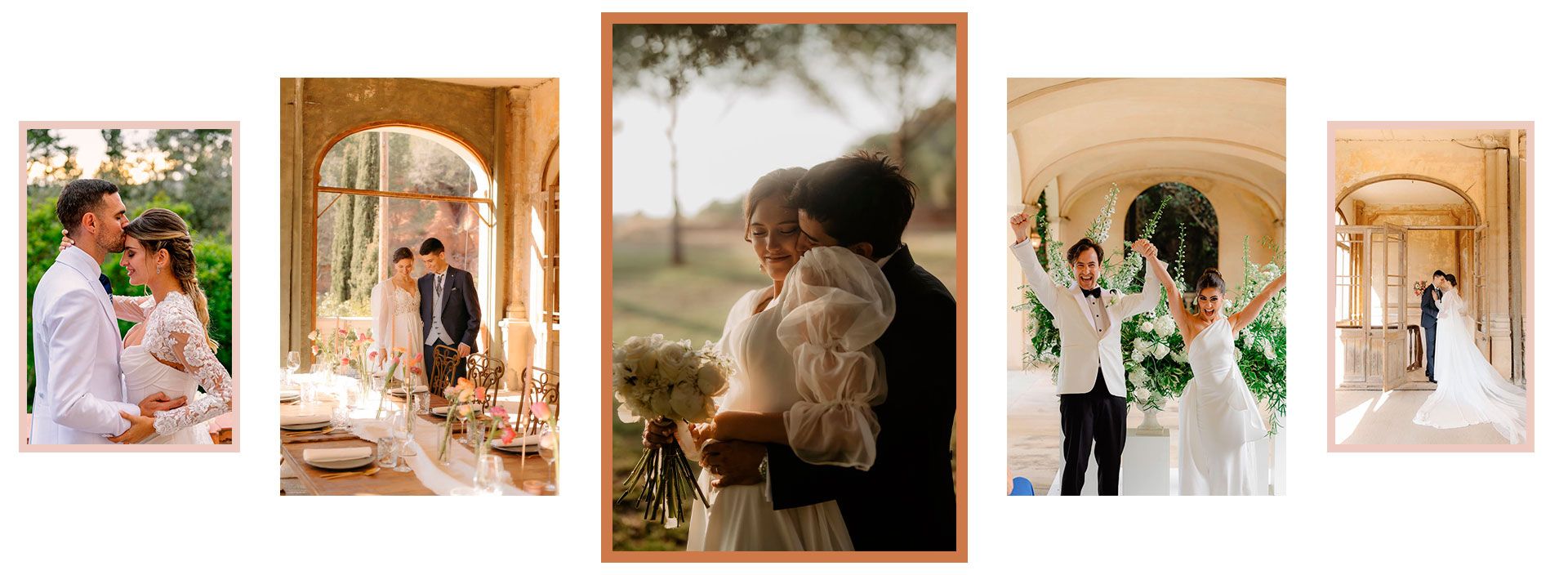 Serie de fotografías de boda: Novias y novios en distintos entornos, abrazándose, celebrando y caminando.