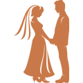 Silueta de una novia y un novio tomados de la mano, uno frente al otro. La novia lleva velo y vestido; el novio, traje.
