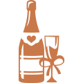 Botella de champán con etiqueta de corazón y copa de champán atada con un lazo, en cobre.