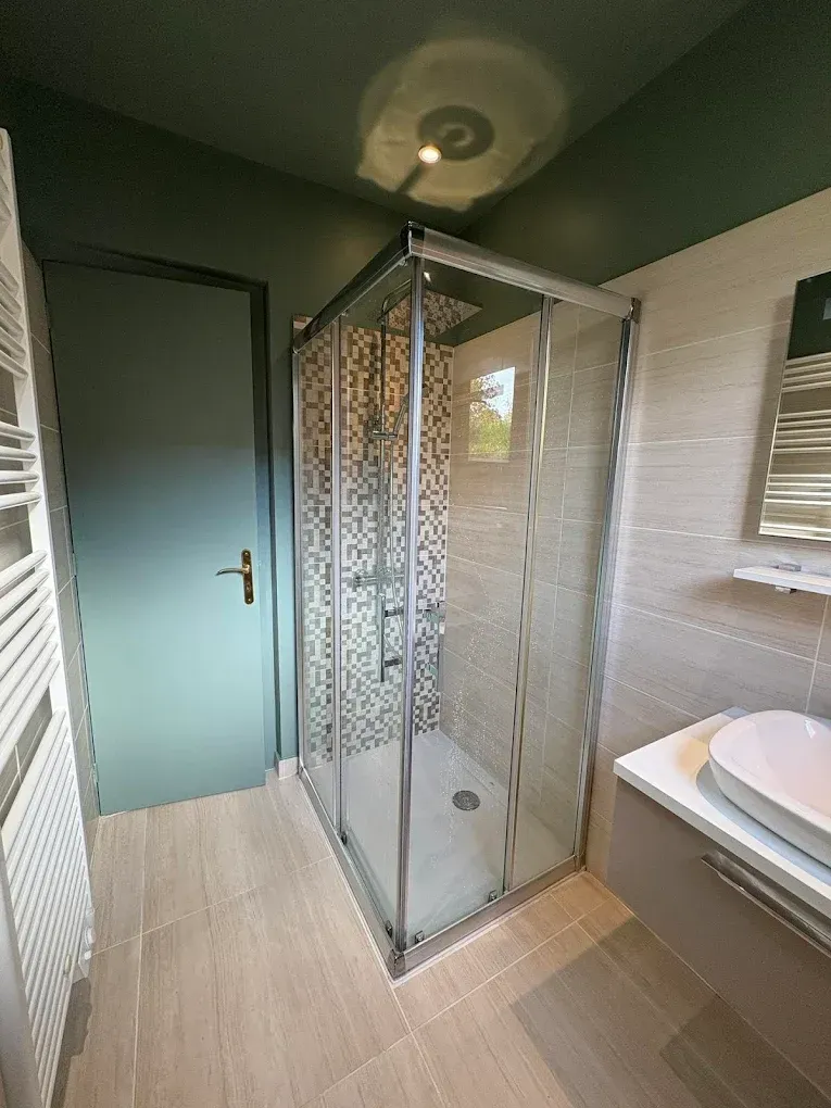 Salle de bains avec douche, porte et lavabo. Porte et plafond verts.