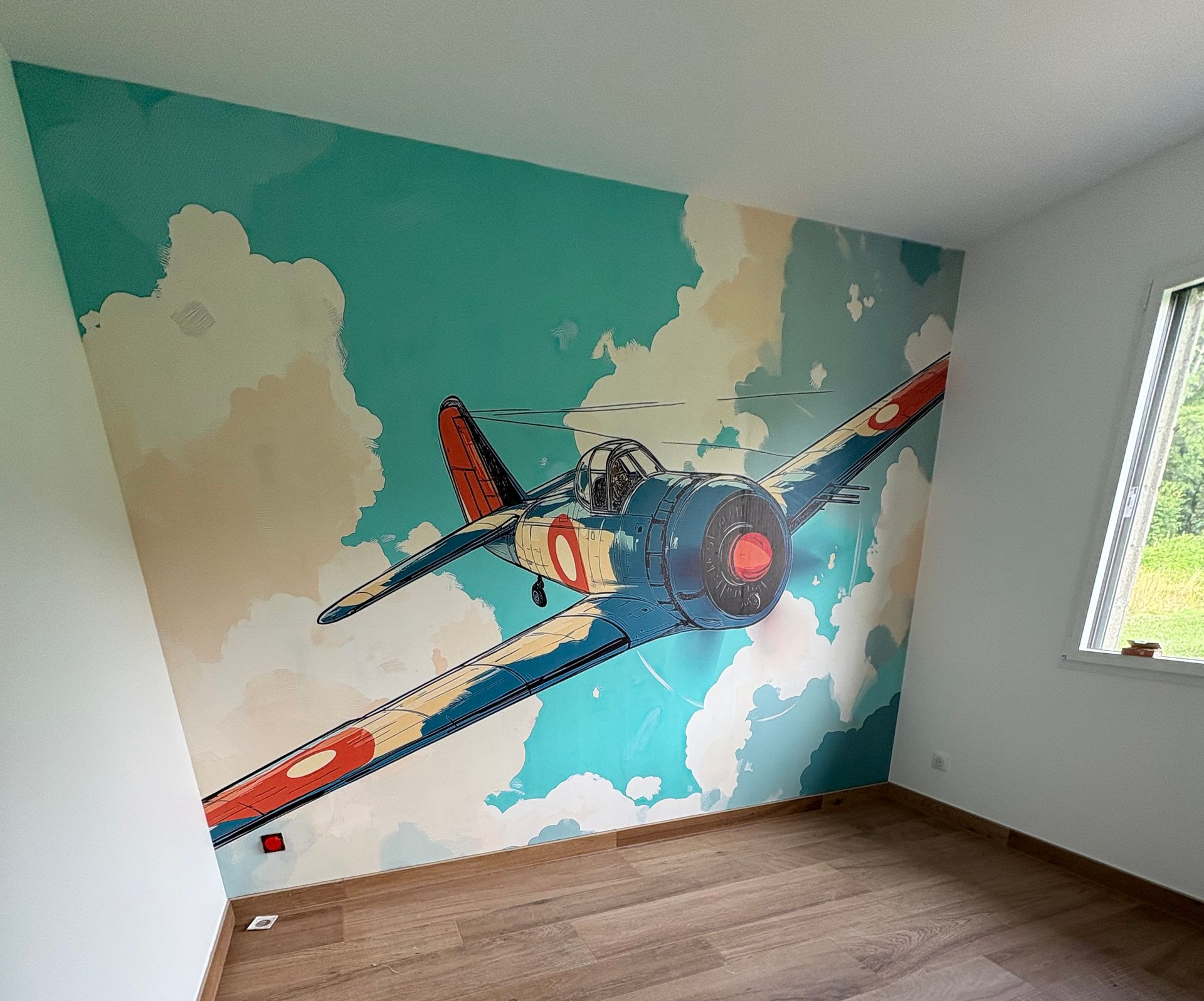 Papier peint démontrant un avion dans un ciel bleu nuageux.