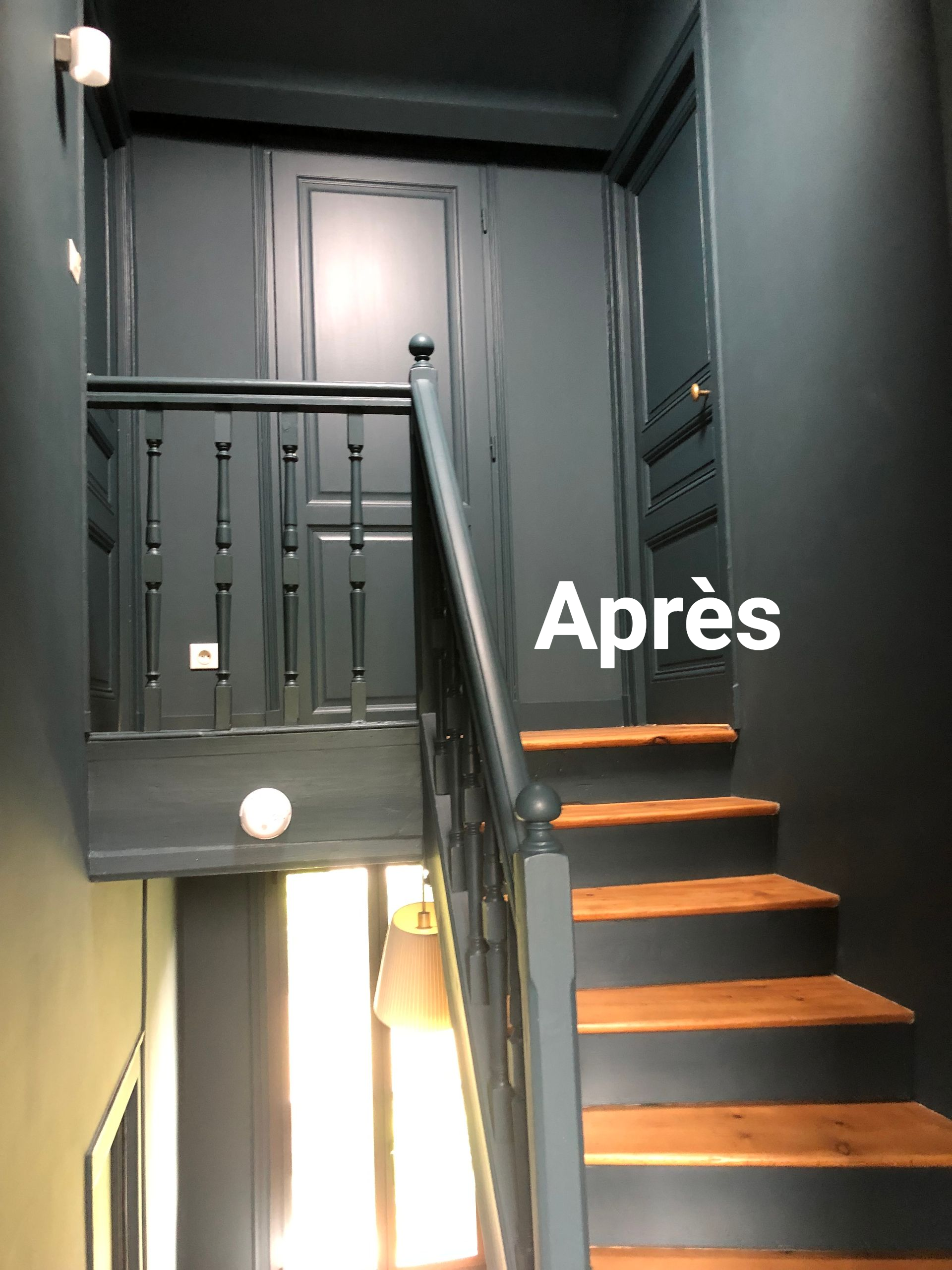 Escalier avec marches en bois, rampe et murs peints en gris foncé.