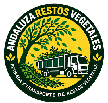 Logotipo circular amarillo y verde de Andaluc&iacute;a Restos Vegetales con un &aacute;rbol y un cami&oacute;n de recogida de residuos.