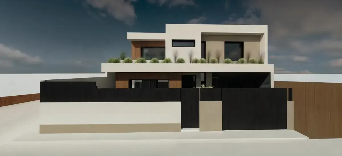 Casa moderna de dos pisos con fachada blanca y negra, techo plano y jardín en el balcón.