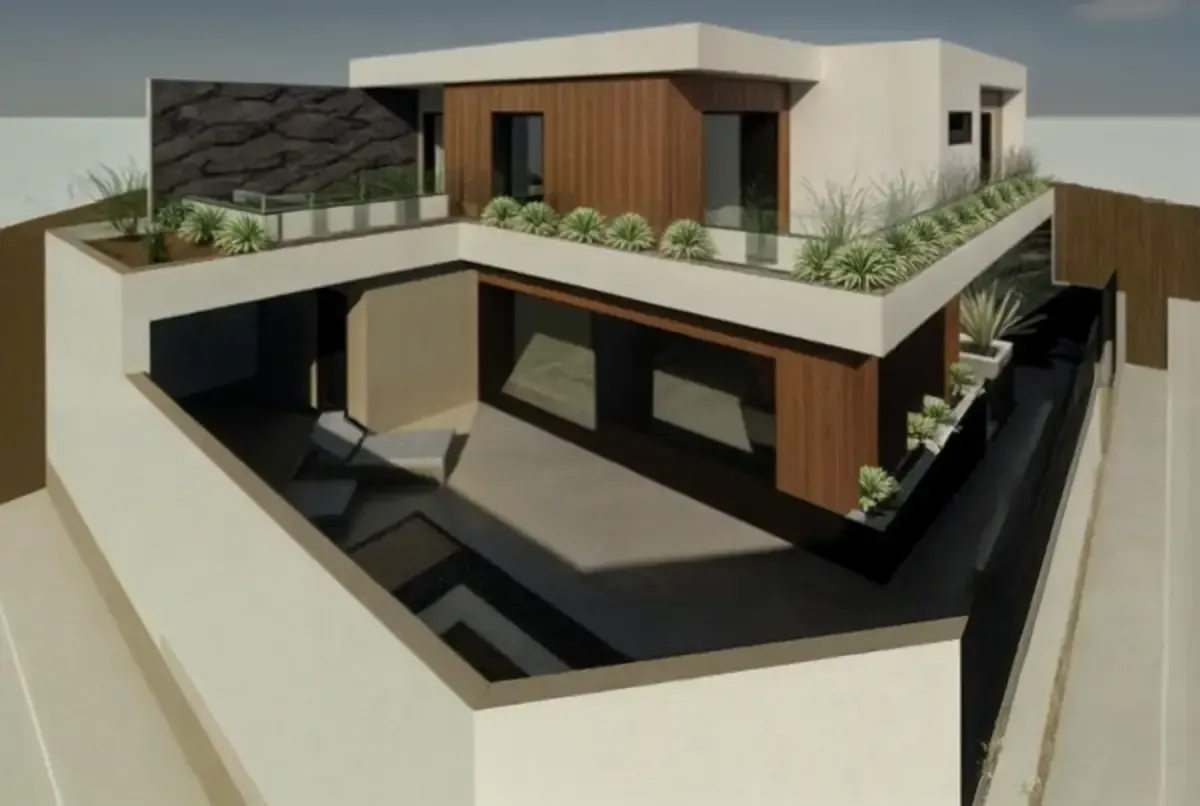 Representación de una casa moderna con revestimiento de madera, paredes blancas y un jardín en la azotea.