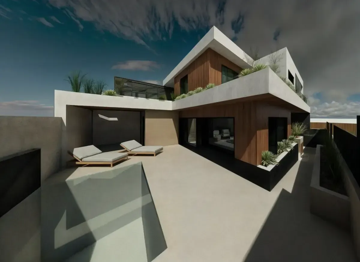 Moderna casa de varios pisos con piscina y tumbonas en un día soleado.