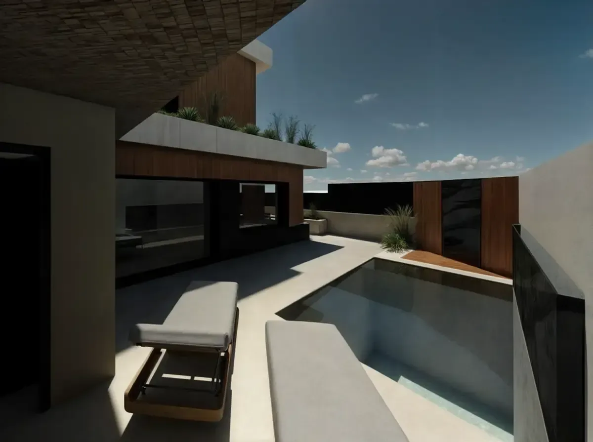 Patio en la azotea con piscina, tumbonas y arquitectura moderna; cielo azul y luz solar.