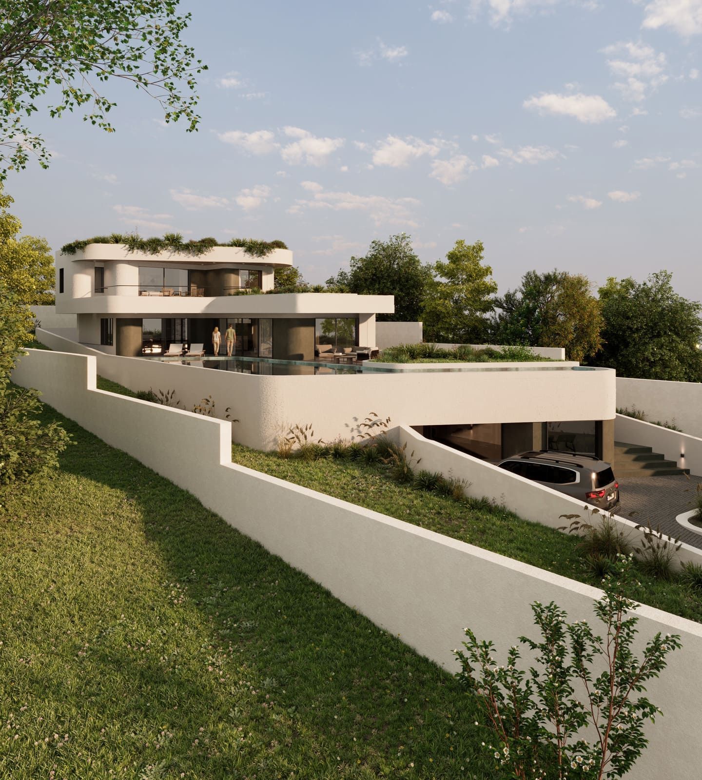 Moderna casa blanca en una ladera con piscina y garaje; árboles y un cielo azul al fondo.
