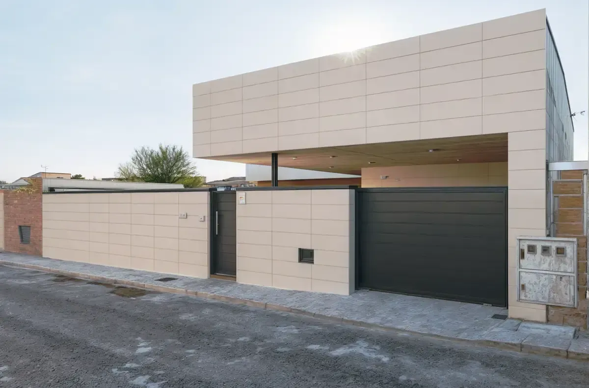 Casa moderna de color beige con puerta negra y pared a juego.