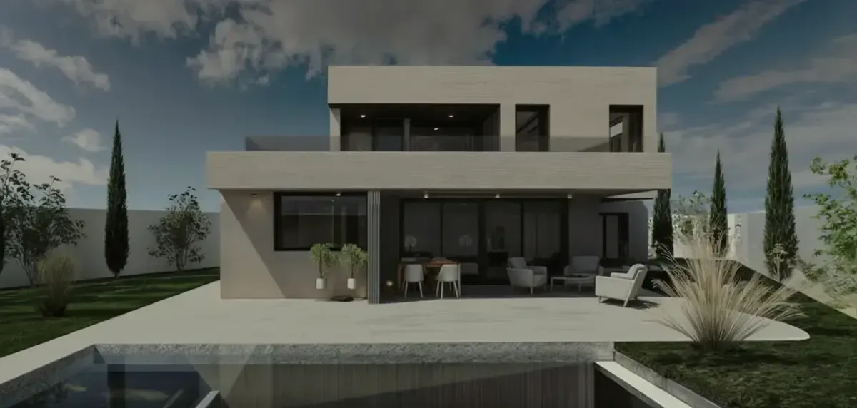 Moderna casa de dos pisos con piscina, patio y árboles altos en un entorno exterior soleado.