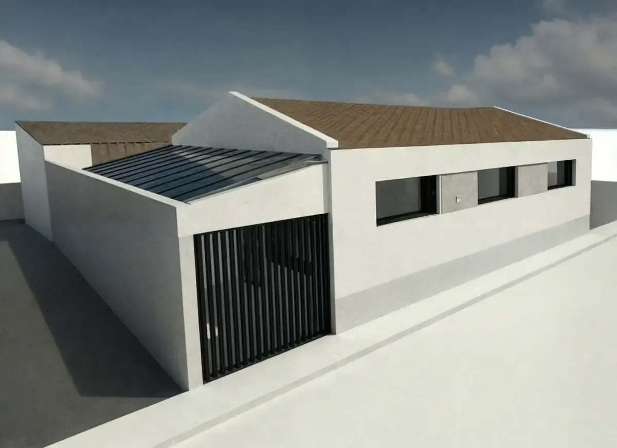 Casa blanca moderna con puerta de listones oscuros, ventanas y techo de tejas marrones.