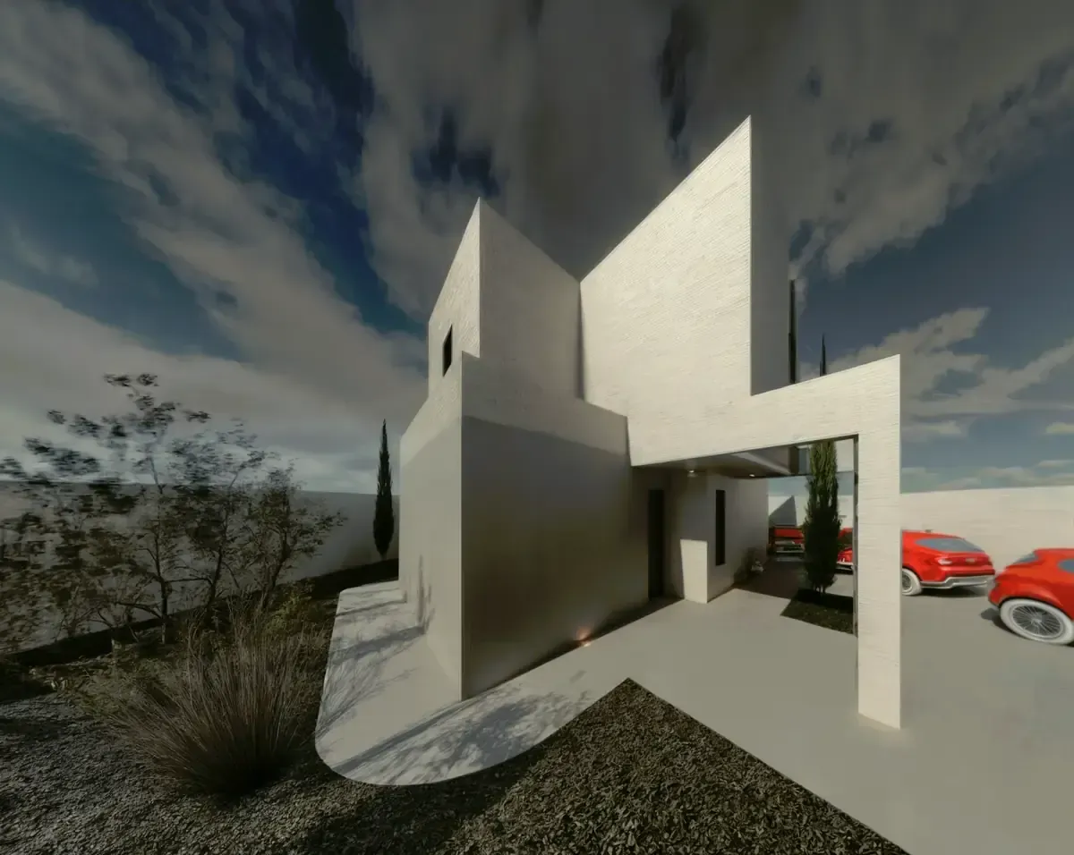 Casa blanca moderna con coches rojos aparcados afuera; cielo brillante.